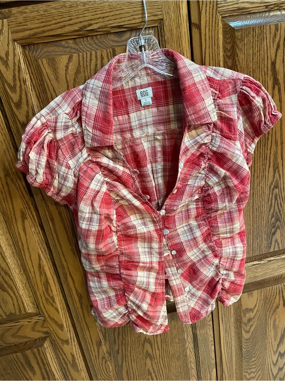 Urban outfitters BDG Red and Cream Plaid Short Sleeve Button-Up Top